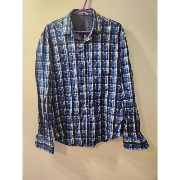 Bugatchi Men Shirts Long Sleeves Squared Pattern Blue Size Large Pre-Owned - Picture 1 of 8